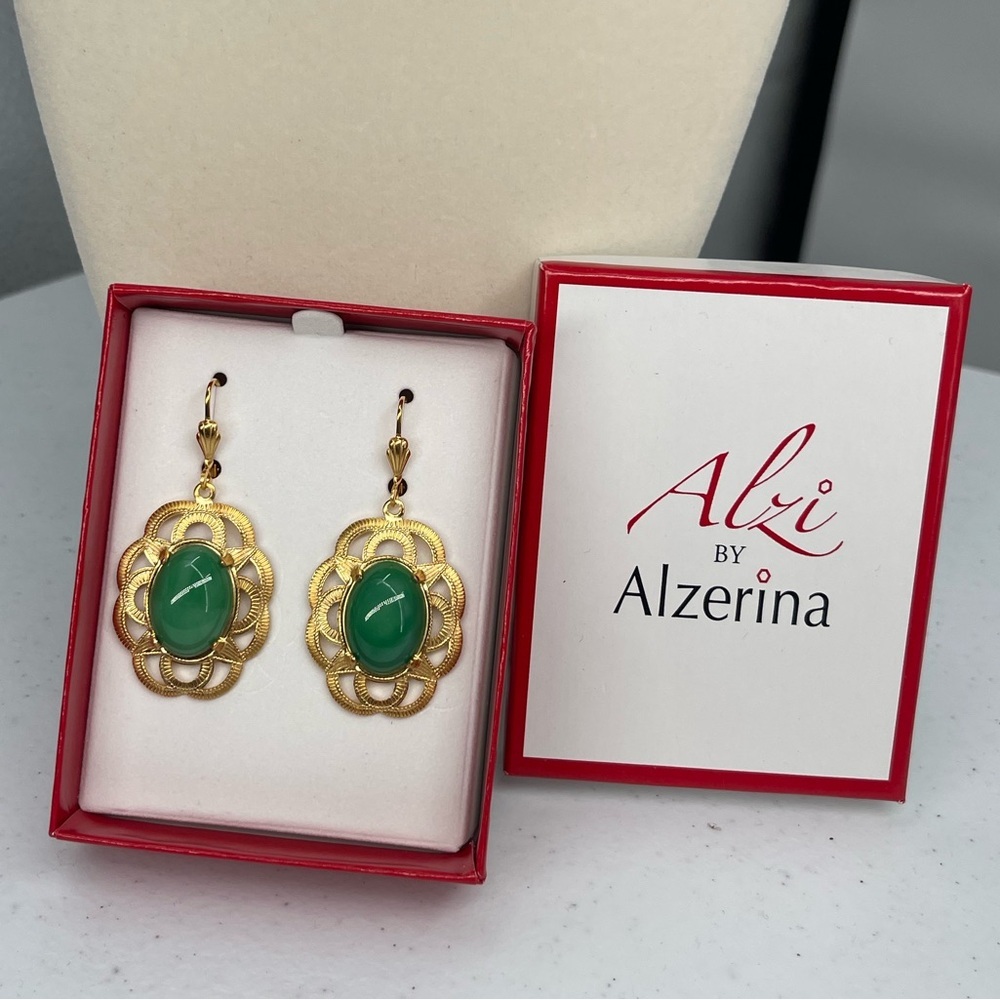 Alzerina Magnolia Earrings Jade 24kt Gold Plated Filigree Austrian Crystal Alzi